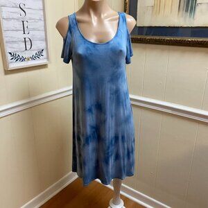 Pink Rose Chateau Blue Mineral Wash Cold Shoulder Shirt Dress S